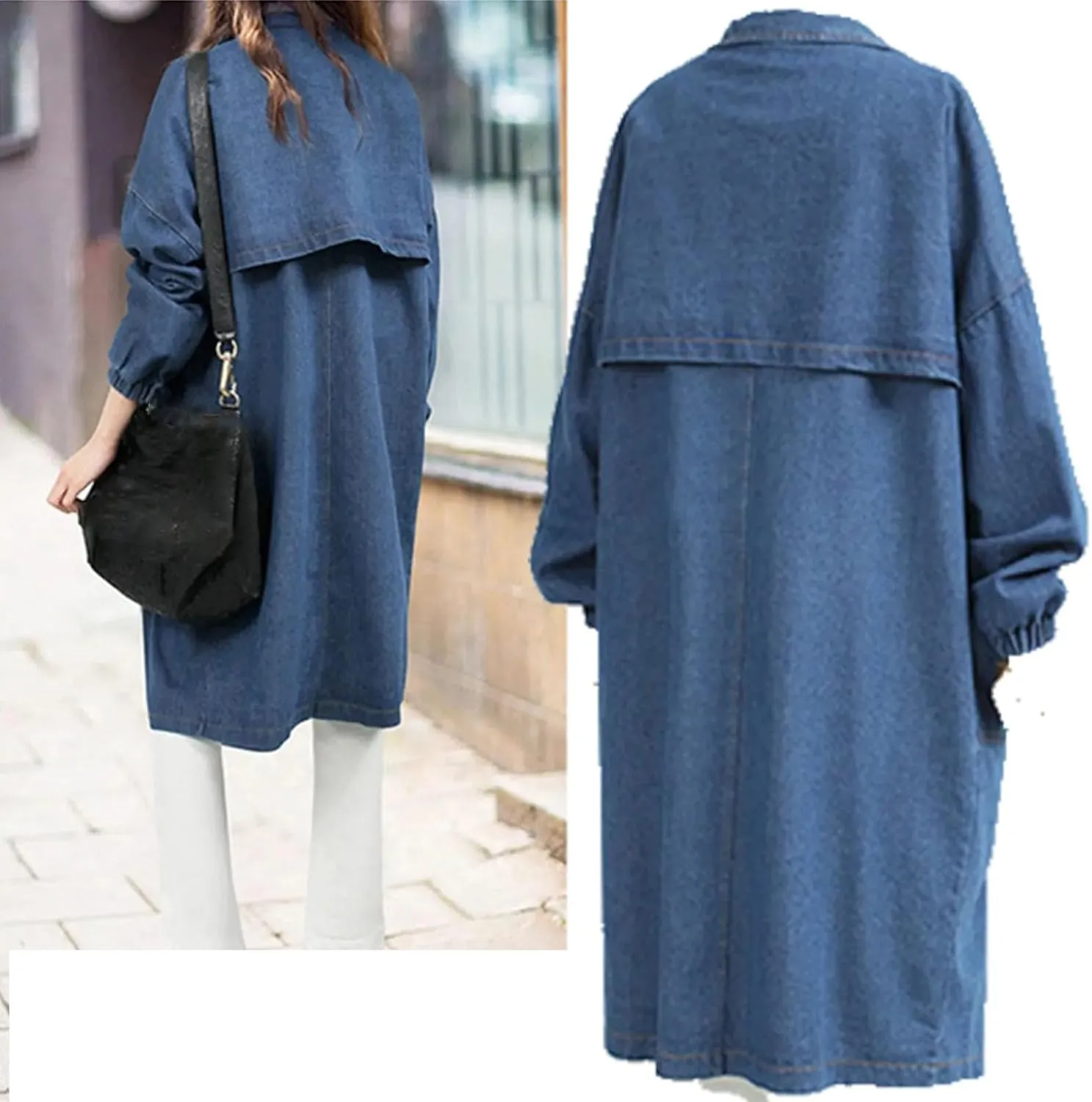 Women's Long Denim Trench Coat Belt Slim Fit Denim Blue Jacket