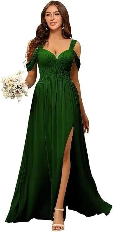 Women's Off Shoulder Bridesmaid Dresses with Slit Chiffon Floor Length Formal Evening Dresses DRSP006
