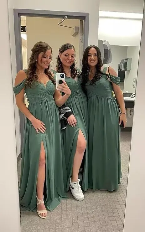 Women's Off Shoulder Bridesmaid Dresses with Slit Chiffon Floor Length Formal Evening Dresses DRSP006