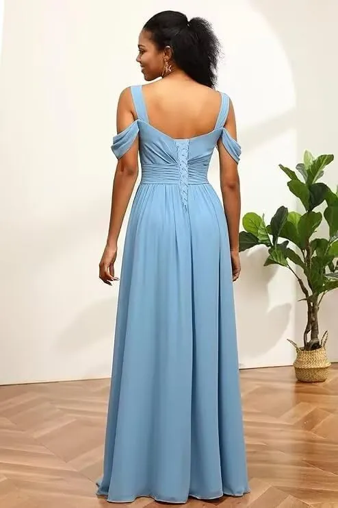 Women's Off Shoulder Bridesmaid Dresses with Slit Chiffon Floor Length Formal Evening Dresses DRSP006