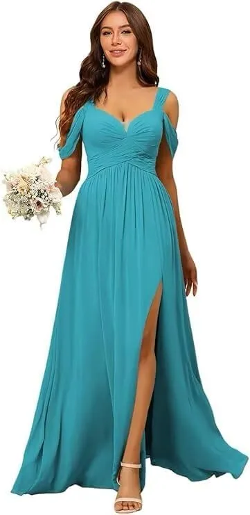 Women's Off Shoulder Bridesmaid Dresses with Slit Chiffon Floor Length Formal Evening Dresses DRSP006