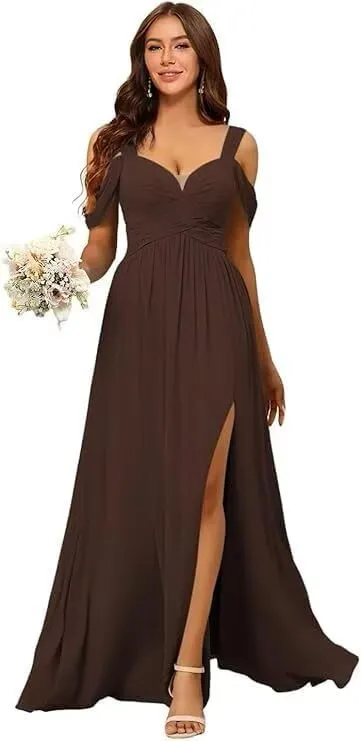 Women's Off Shoulder Bridesmaid Dresses with Slit Chiffon Floor Length Formal Evening Dresses DRSP006