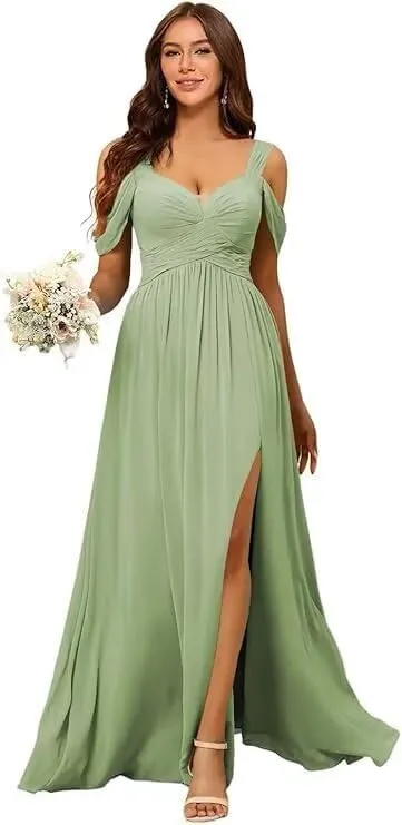 Women's Off Shoulder Bridesmaid Dresses with Slit Chiffon Floor Length Formal Evening Dresses DRSP006