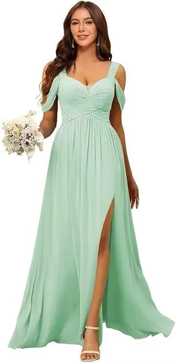Women's Off Shoulder Bridesmaid Dresses with Slit Chiffon Floor Length Formal Evening Dresses DRSP006