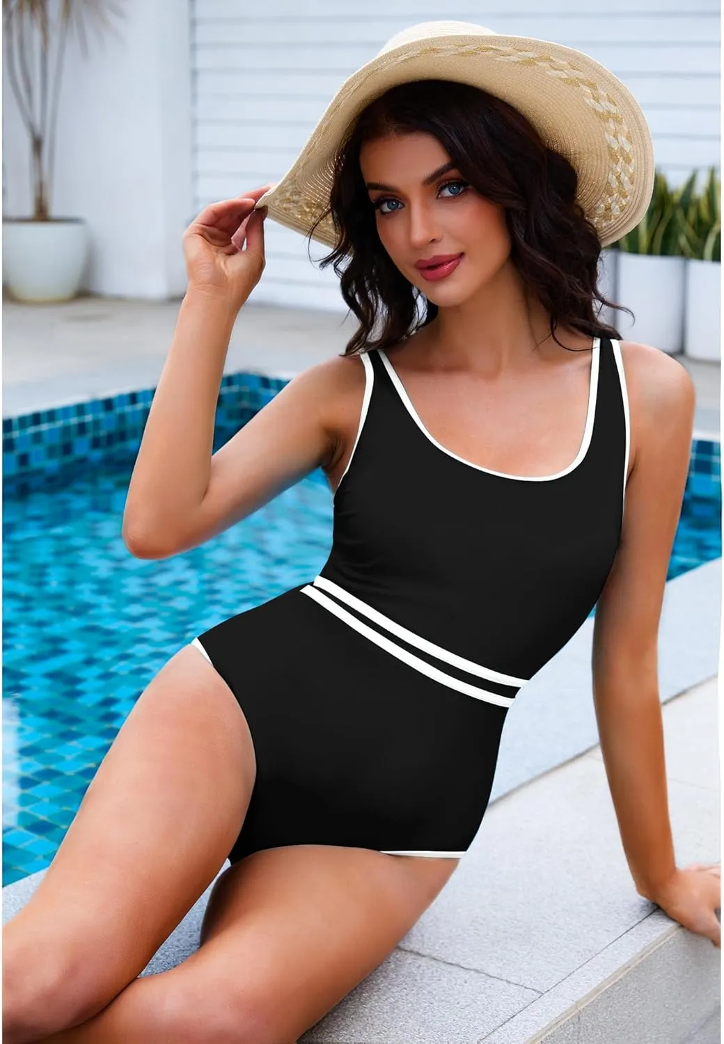 Womens One Piece Swimsuits Tummy Control Slimming Bathing Suit Summer Sport Color Block High Waisted Swimwear XS-XXL