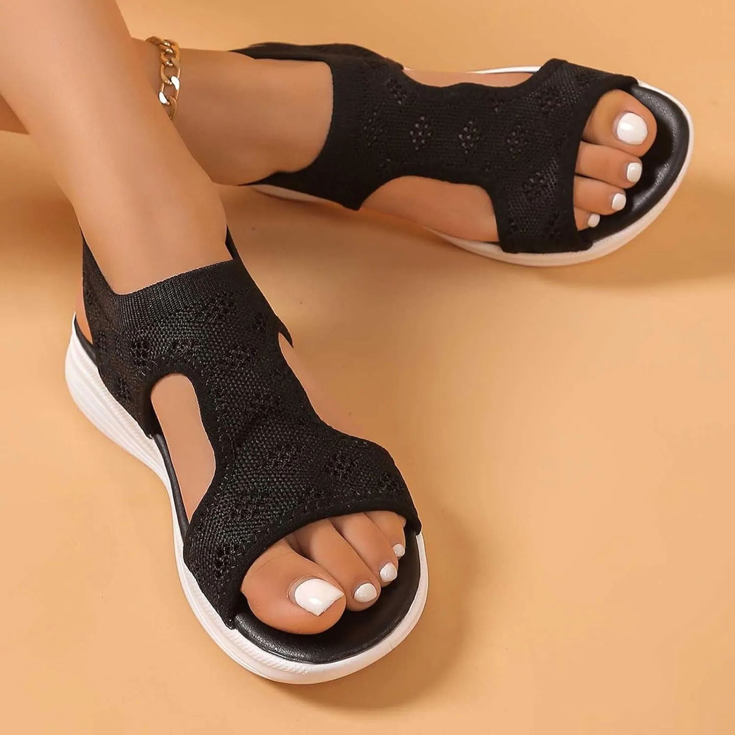 Womens Orthopedic Walking Sandals with Arch Support Open Toe Sport Breathable Knit Summer Shoes Washable Slingback Slide Flat