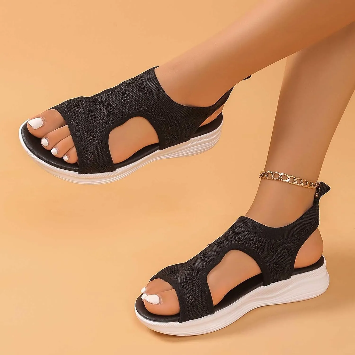 Womens Orthopedic Walking Sandals with Arch Support Open Toe Sport Breathable Knit Summer Shoes Washable Slingback Slide Flat