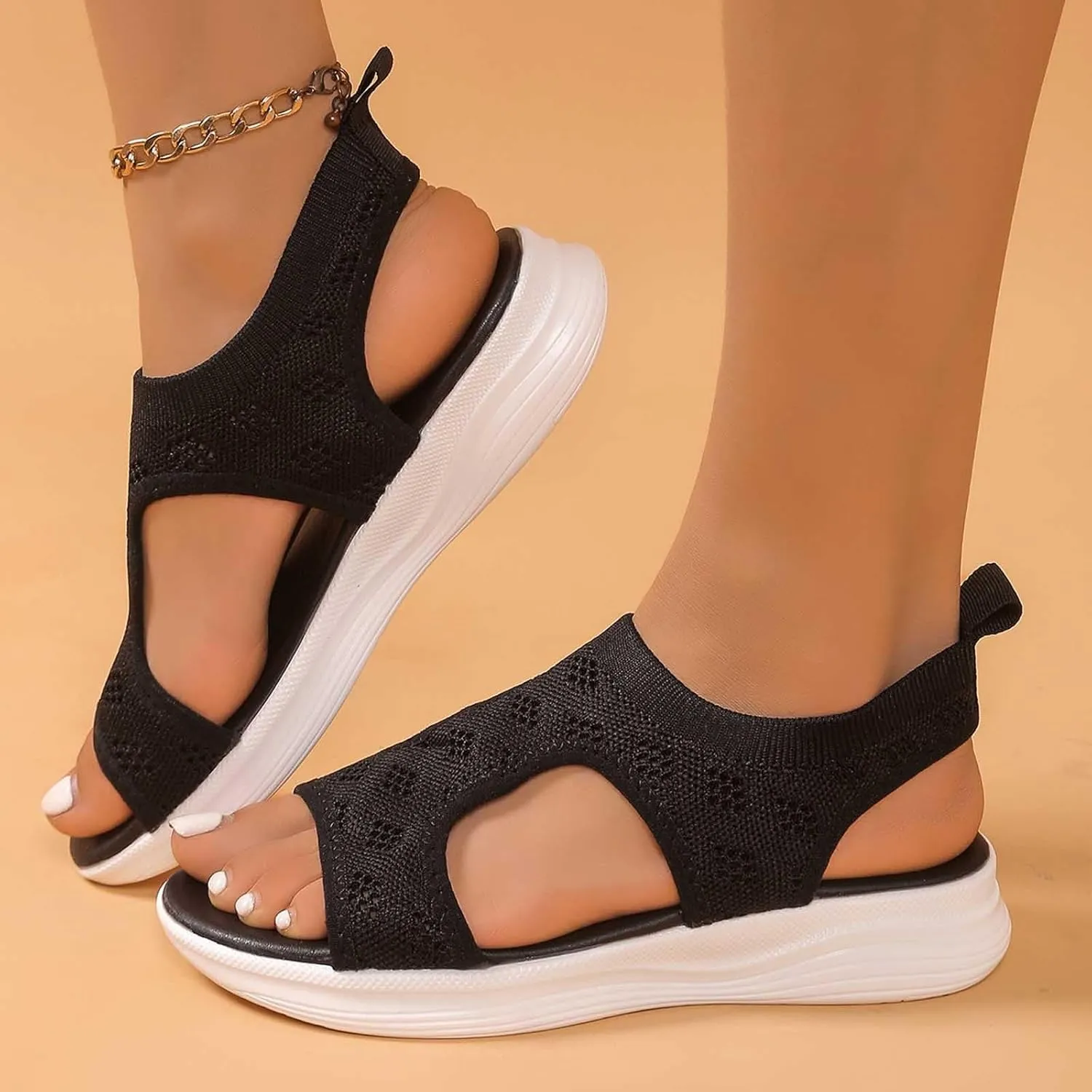 Womens Orthopedic Walking Sandals with Arch Support Open Toe Sport Breathable Knit Summer Shoes Washable Slingback Slide Flat