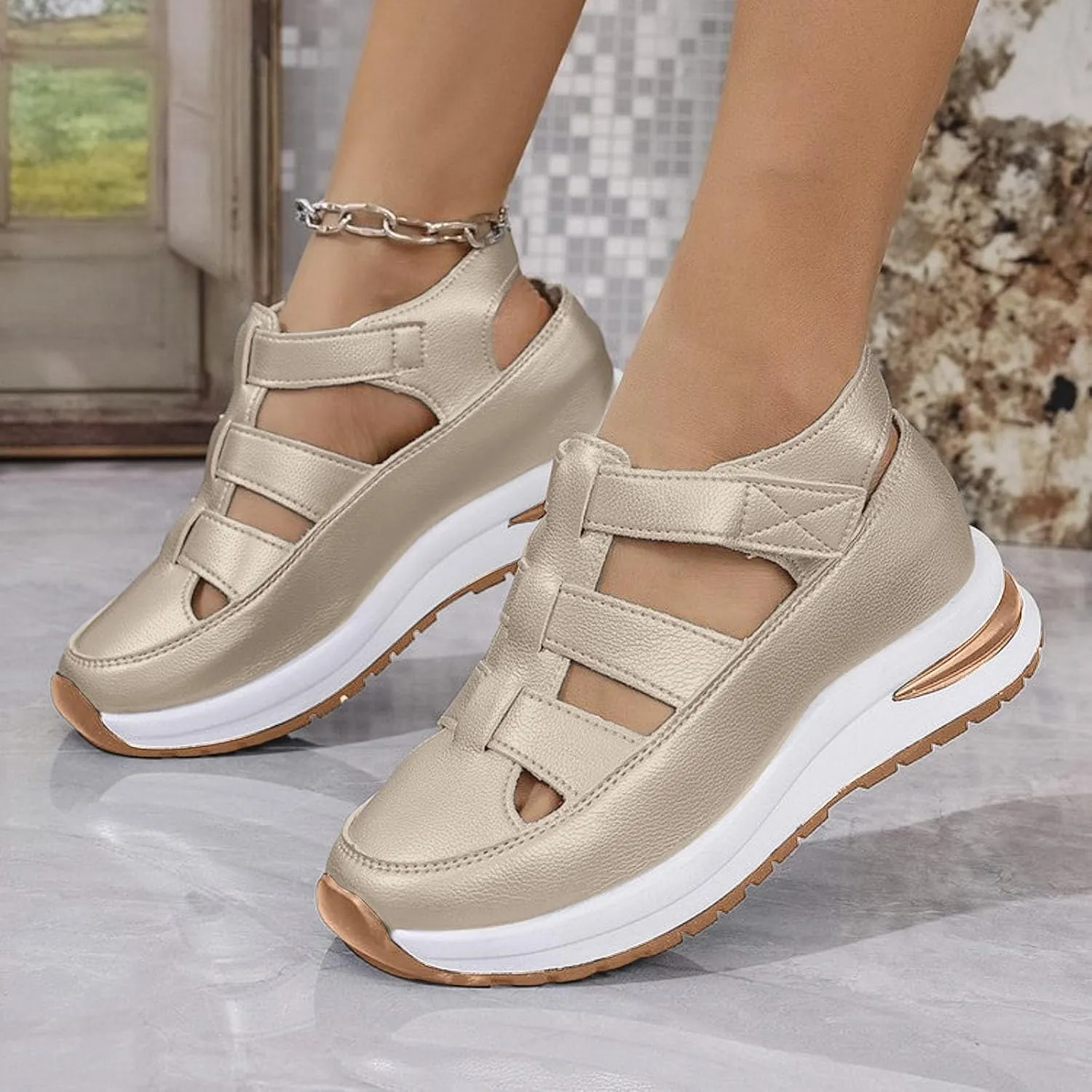 Women's Platform Sandals Hollow-Out Closed Toe Ankle Strap Wedge Sandal Height-Boosting Thick Sole Summer Casual Comfortable Walking Shoes