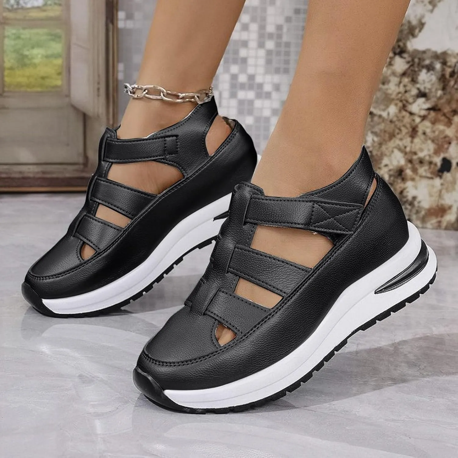 Women's Platform Sandals Hollow-Out Closed Toe Ankle Strap Wedge Sandal Height-Boosting Thick Sole Summer Casual Comfortable Walking Shoes