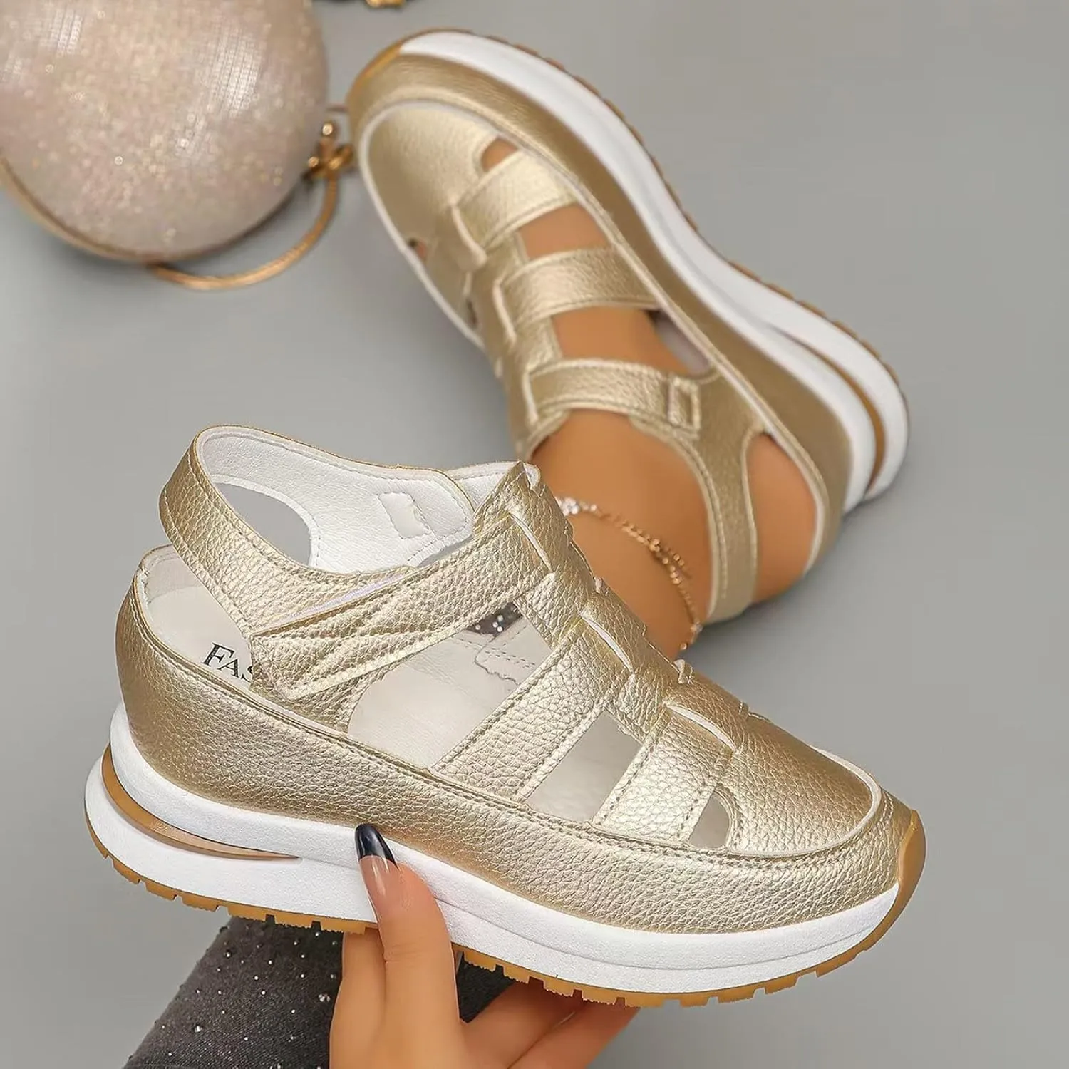 Women's Platform Sandals Hollow-Out Closed Toe Ankle Strap Wedge Sandal Height-Boosting Thick Sole Summer Casual Comfortable Walking Shoes