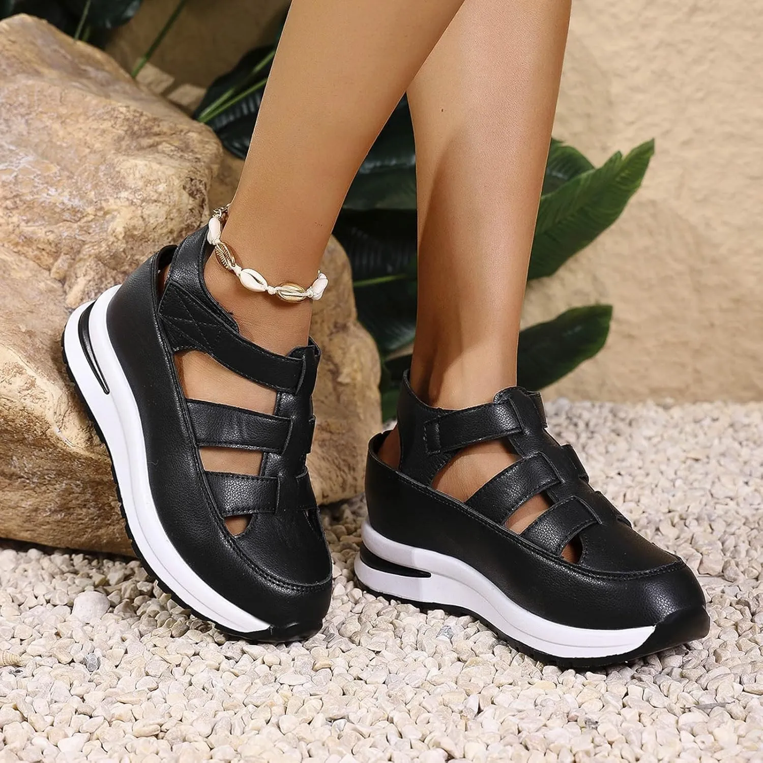 Women's Platform Sandals Hollow-Out Closed Toe Ankle Strap Wedge Sandal Height-Boosting Thick Sole Summer Casual Comfortable Walking Shoes