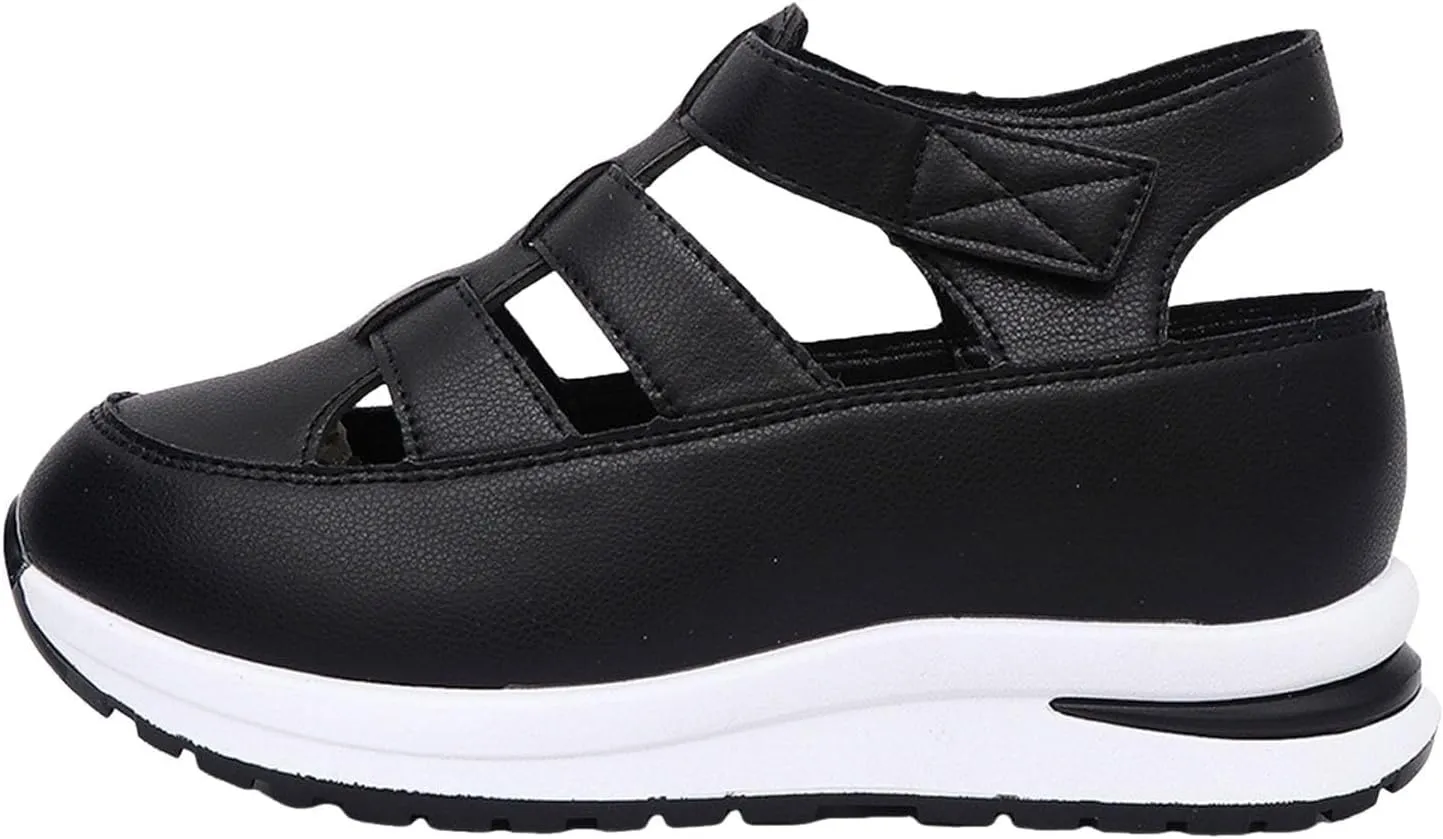 Women's Platform Sandals Hollow-Out Closed Toe Ankle Strap Wedge Sandal Height-Boosting Thick Sole Summer Casual Comfortable Walking Shoes