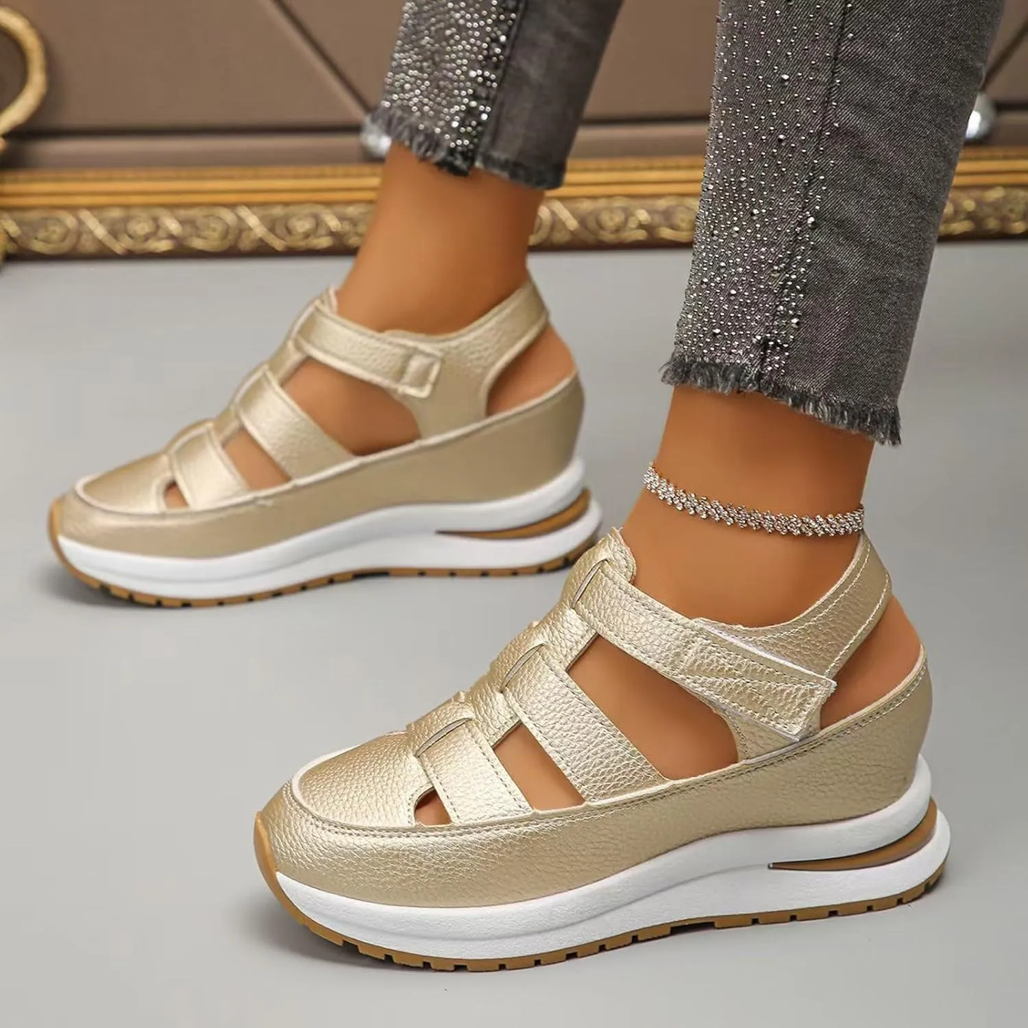 Women's Platform Sandals Hollow-Out Closed Toe Ankle Strap Wedge Sandal Height-Boosting Thick Sole Summer Casual Comfortable Walking Shoes