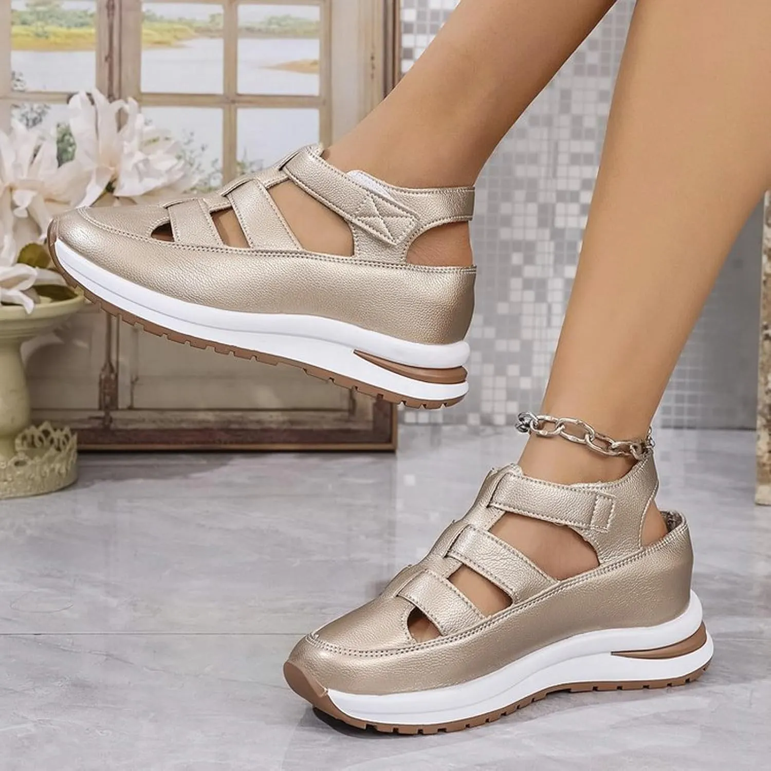Women's Platform Sandals Hollow-Out Closed Toe Ankle Strap Wedge Sandal Height-Boosting Thick Sole Summer Casual Comfortable Walking Shoes