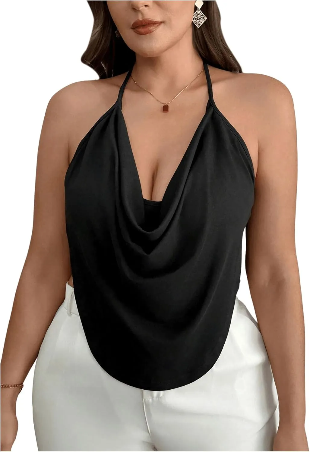 Women's Plus Size Halter Tops for Women Draped Cowl Neck Sleeveless Asymmetrical Crop Low Cut Cami Tops