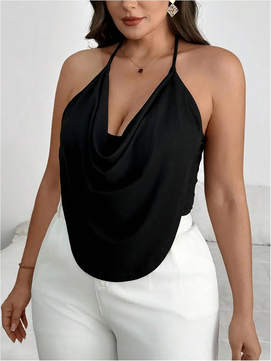 Women's Plus Size Halter Tops for Women Draped Cowl Neck Sleeveless Asymmetrical Crop Low Cut Cami Tops