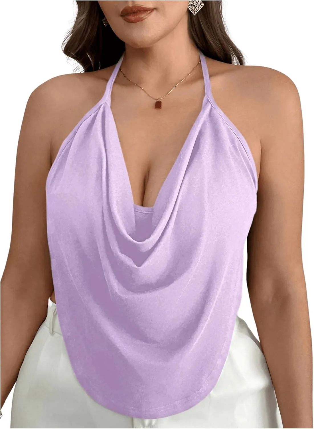 Women's Plus Size Halter Tops for Women Draped Cowl Neck Sleeveless Asymmetrical Crop Low Cut Cami Tops