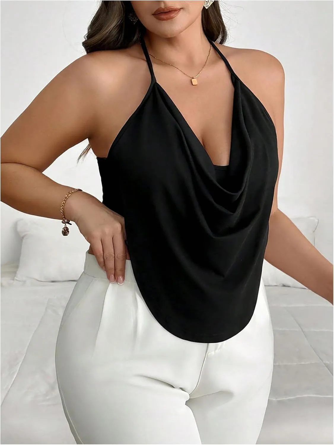 Women's Plus Size Halter Tops for Women Draped Cowl Neck Sleeveless Asymmetrical Crop Low Cut Cami Tops