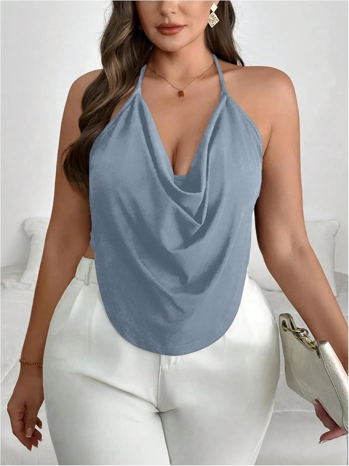 Women's Plus Size Halter Tops for Women Draped Cowl Neck Sleeveless Asymmetrical Crop Low Cut Cami Tops
