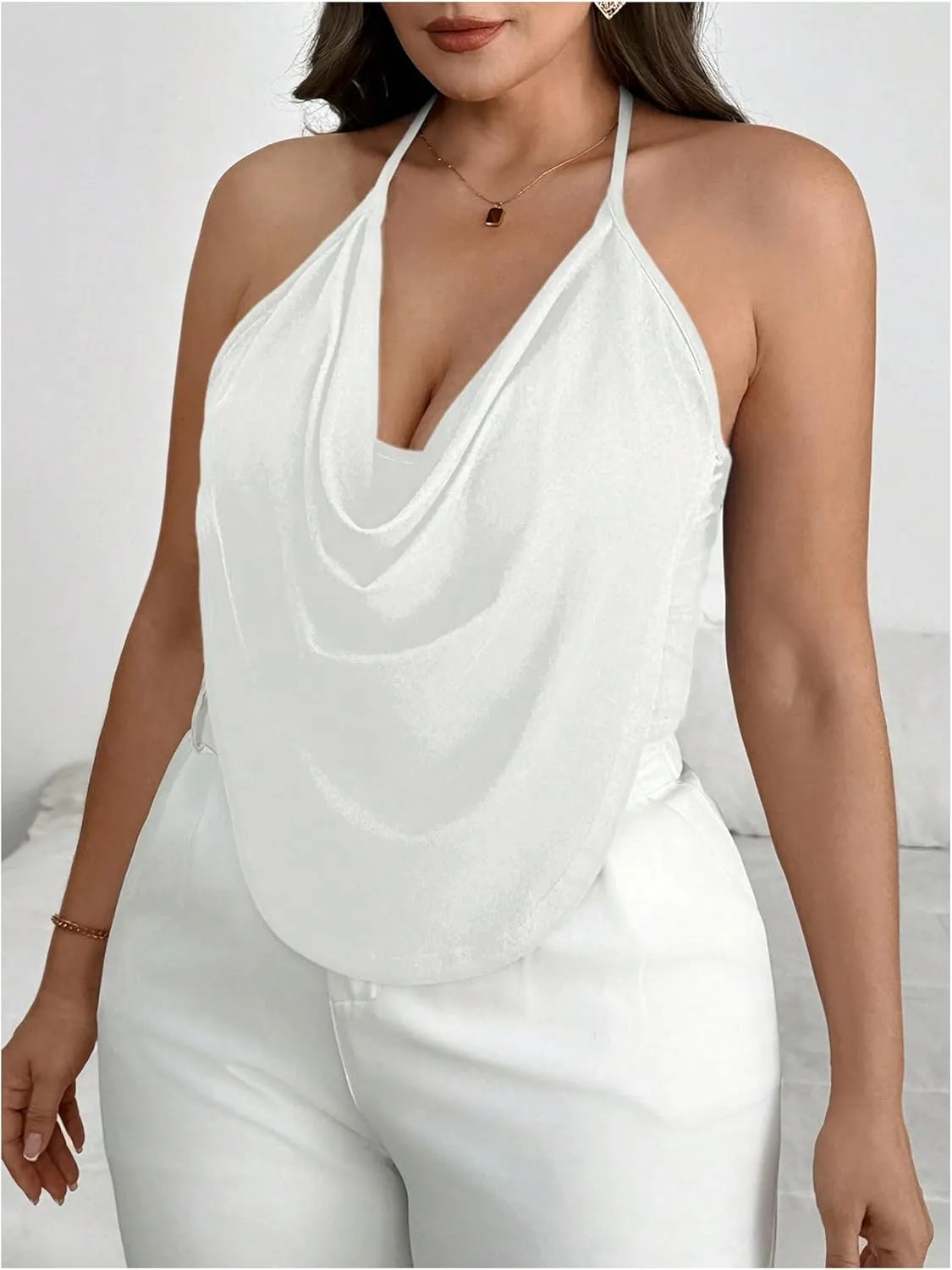 Women's Plus Size Halter Tops for Women Draped Cowl Neck Sleeveless Asymmetrical Crop Low Cut Cami Tops