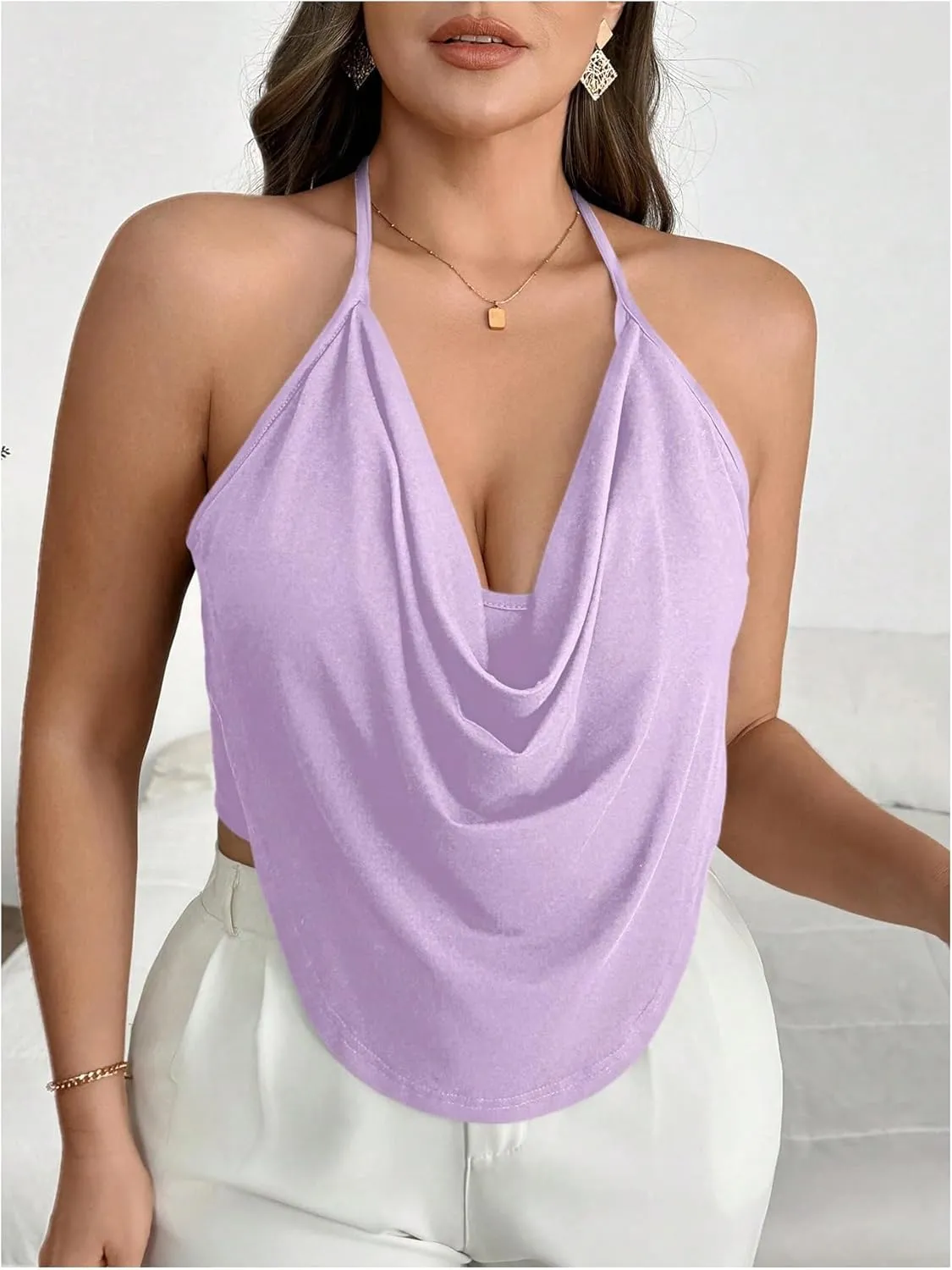 Women's Plus Size Halter Tops for Women Draped Cowl Neck Sleeveless Asymmetrical Crop Low Cut Cami Tops