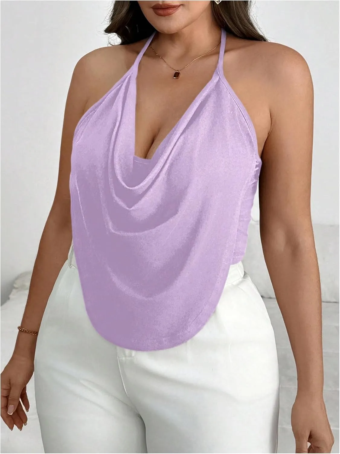 Women's Plus Size Halter Tops for Women Draped Cowl Neck Sleeveless Asymmetrical Crop Low Cut Cami Tops