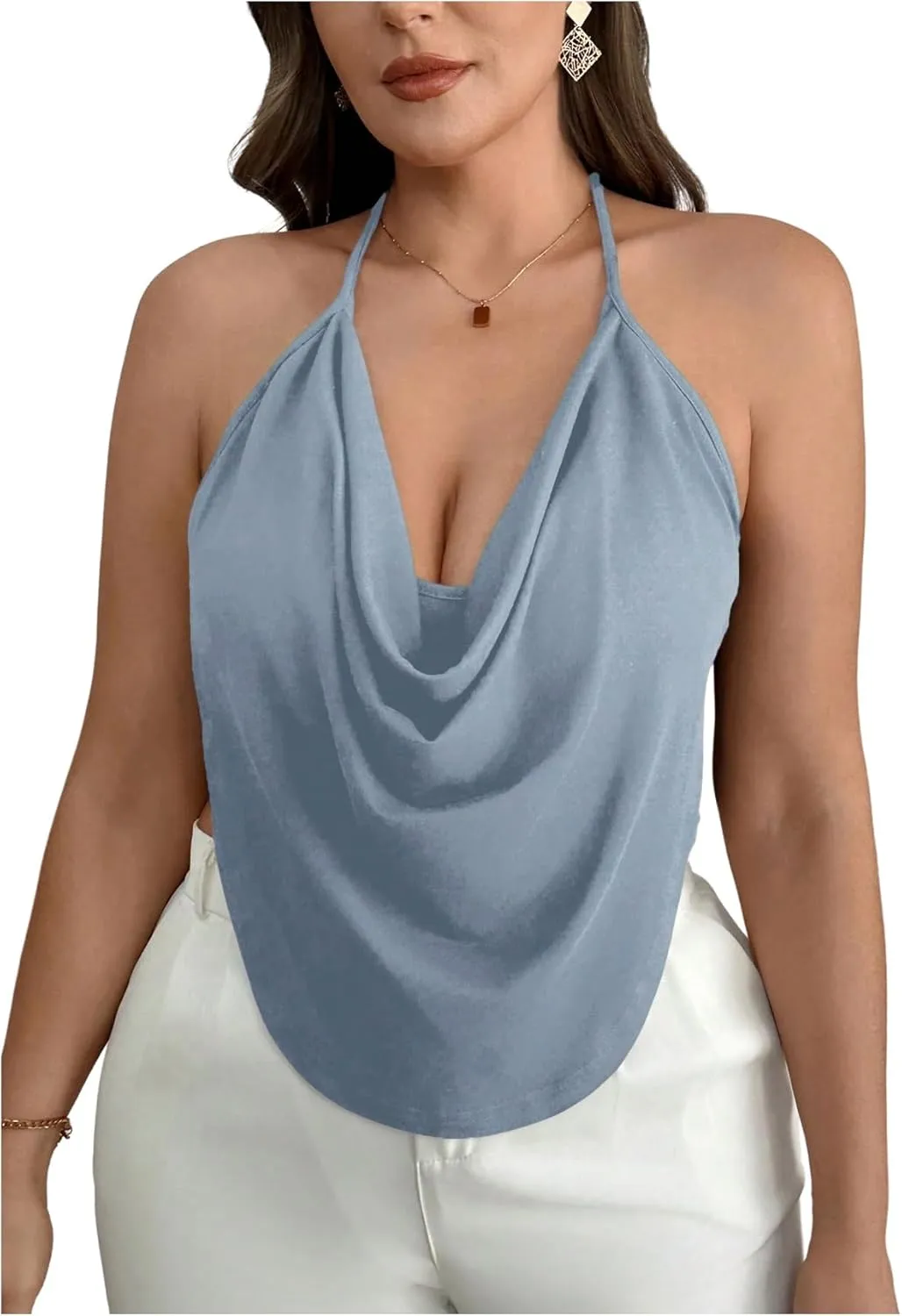 Women's Plus Size Halter Tops for Women Draped Cowl Neck Sleeveless Asymmetrical Crop Low Cut Cami Tops