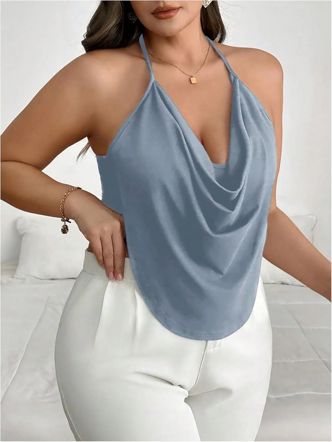 Women's Plus Size Halter Tops for Women Draped Cowl Neck Sleeveless Asymmetrical Crop Low Cut Cami Tops