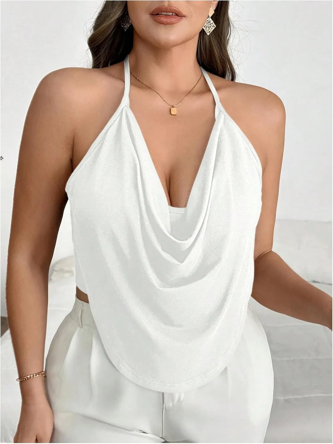Women's Plus Size Halter Tops for Women Draped Cowl Neck Sleeveless Asymmetrical Crop Low Cut Cami Tops