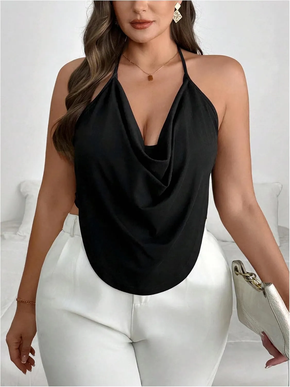 Women's Plus Size Halter Tops for Women Draped Cowl Neck Sleeveless Asymmetrical Crop Low Cut Cami Tops