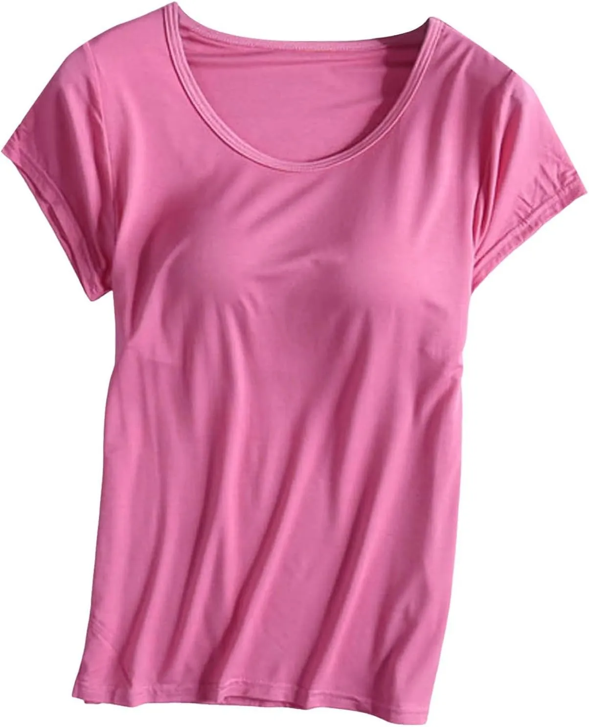 Womens Shirts With Built In Padded Bra Short Sleeves Crewneck Comfy Athletic Shirt Solid Color Shelf Bra Active Tee