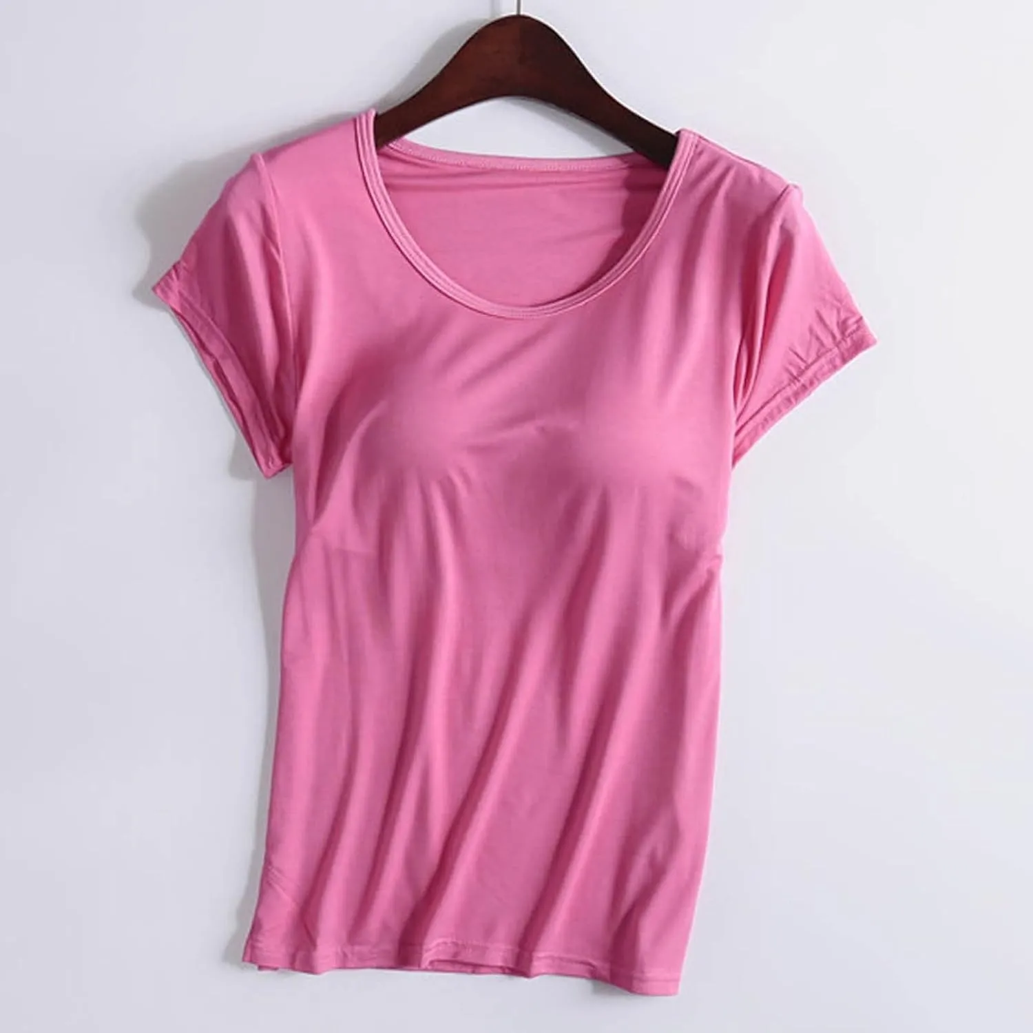 Womens Shirts With Built In Padded Bra Short Sleeves Crewneck Comfy Athletic Shirt Solid Color Shelf Bra Active Tee