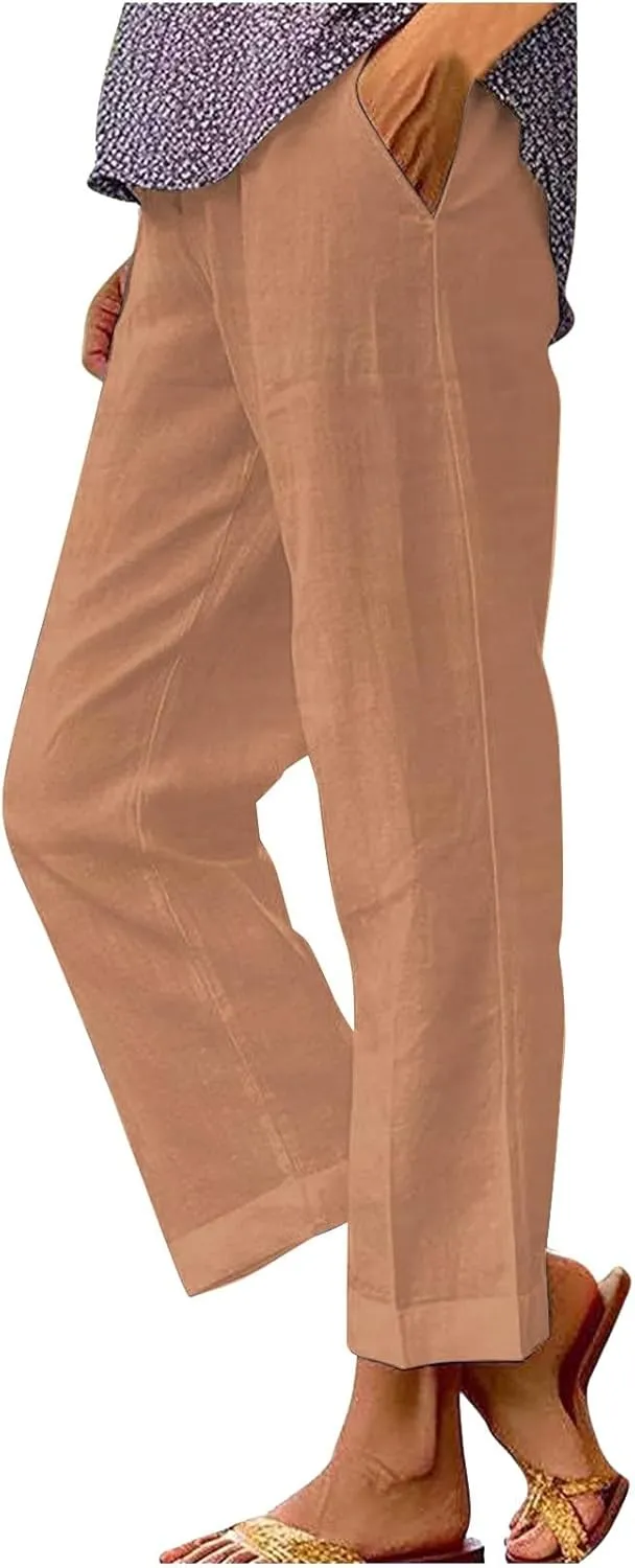 Women's Summer Drawstring Waist Pants Long Drawstring Linen Women Waist Cotton Casual Pants Summer Boho Wide Leg