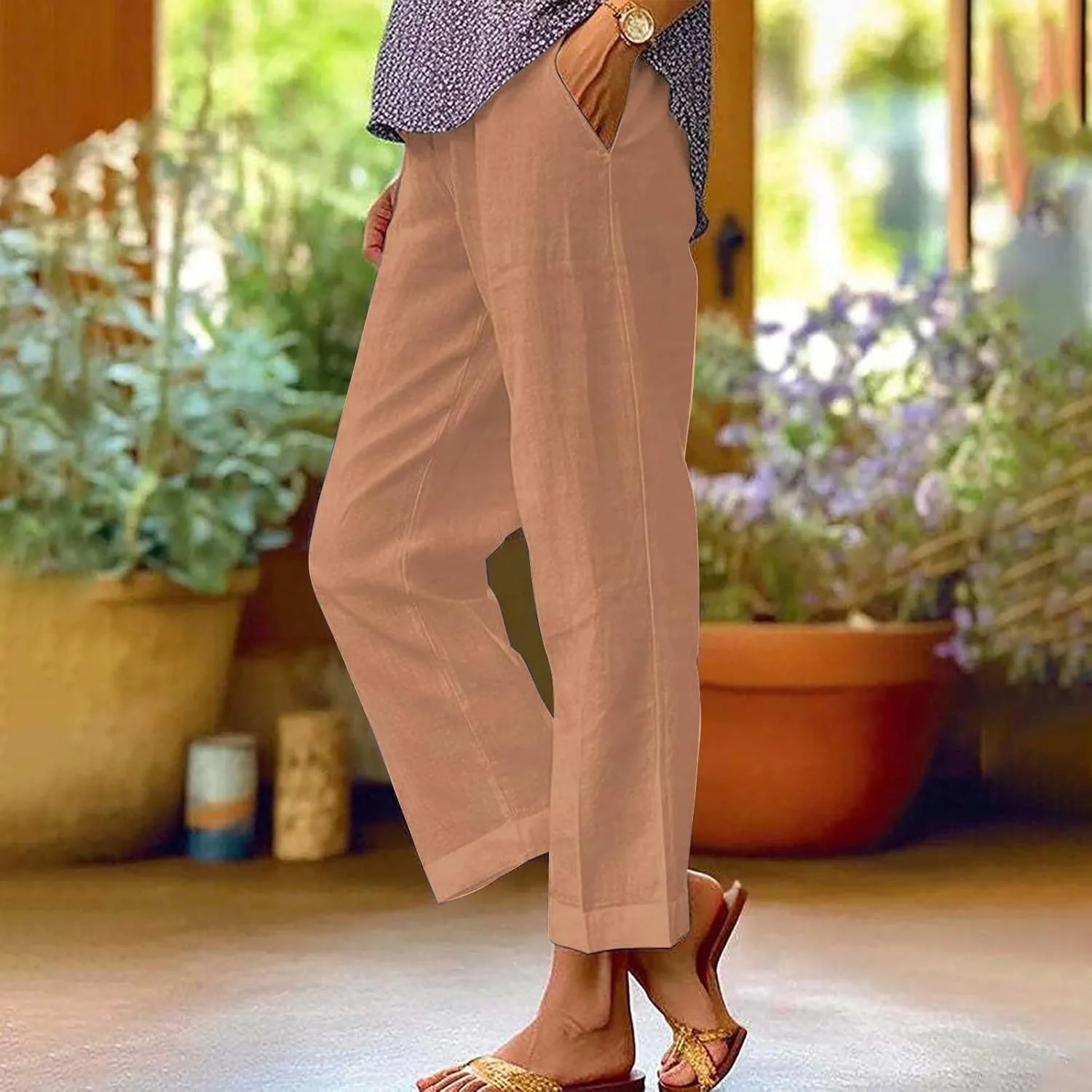 Women's Summer Drawstring Waist Pants Long Drawstring Linen Women Waist Cotton Casual Pants Summer Boho Wide Leg