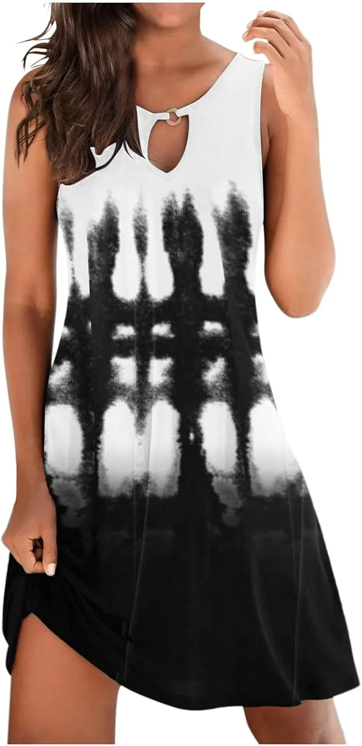 Women's Summer Dress Casual Sundresses Sleeveless Crew Neck Mini Short Dress Printed A-Line Boho Beach Dresses