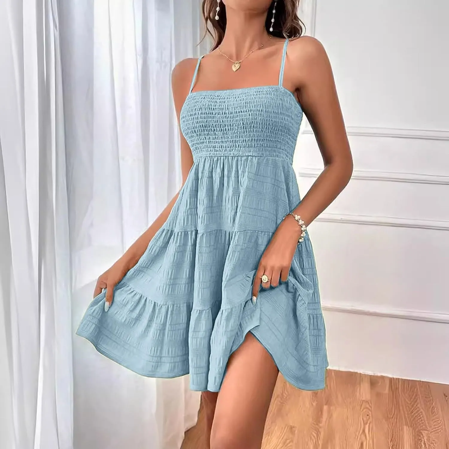 Women's Summer Smock Cami Mini Dress Sleeveless Swing A Line Short Dresses Graduation Dresses, XX-Large, Blue