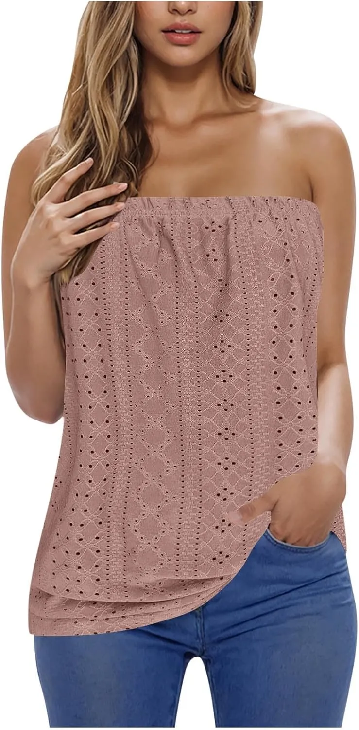 Womens Summer Tube Tops Casual Strapless Eyelet Bandeau Tanks Cute Off Shoulder Tunic Shirts Flowy Vacation Blouses