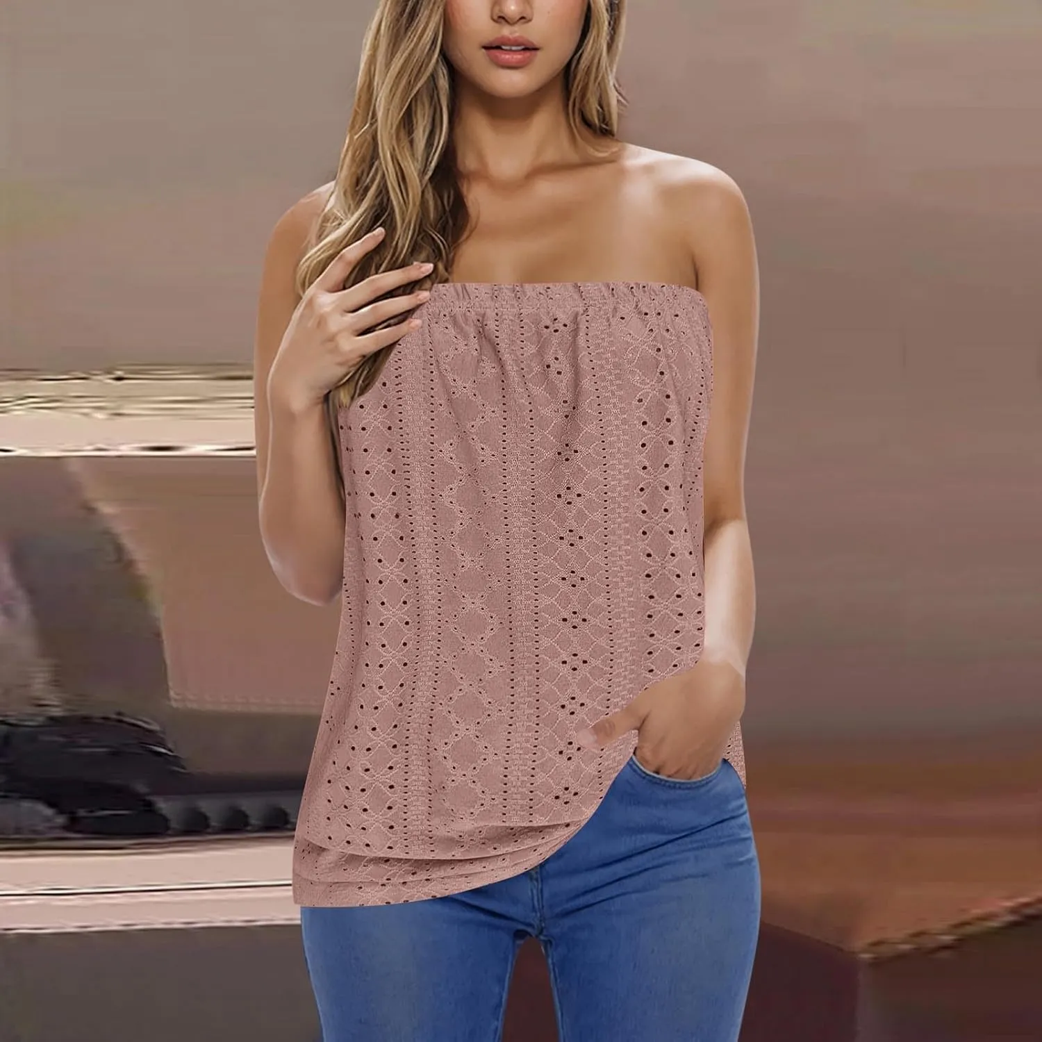 Womens Summer Tube Tops Casual Strapless Eyelet Bandeau Tanks Cute Off Shoulder Tunic Shirts Flowy Vacation Blouses