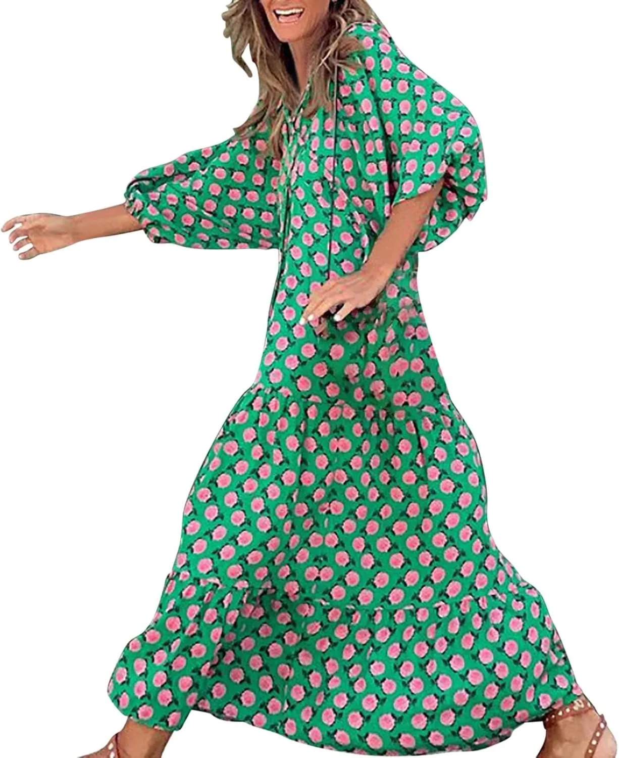 Womens Sundress Long Puff Sleeve V Neck Floral Beach Cover Ups Travel Vacation 2025 Summer Travel Vacation Outfits