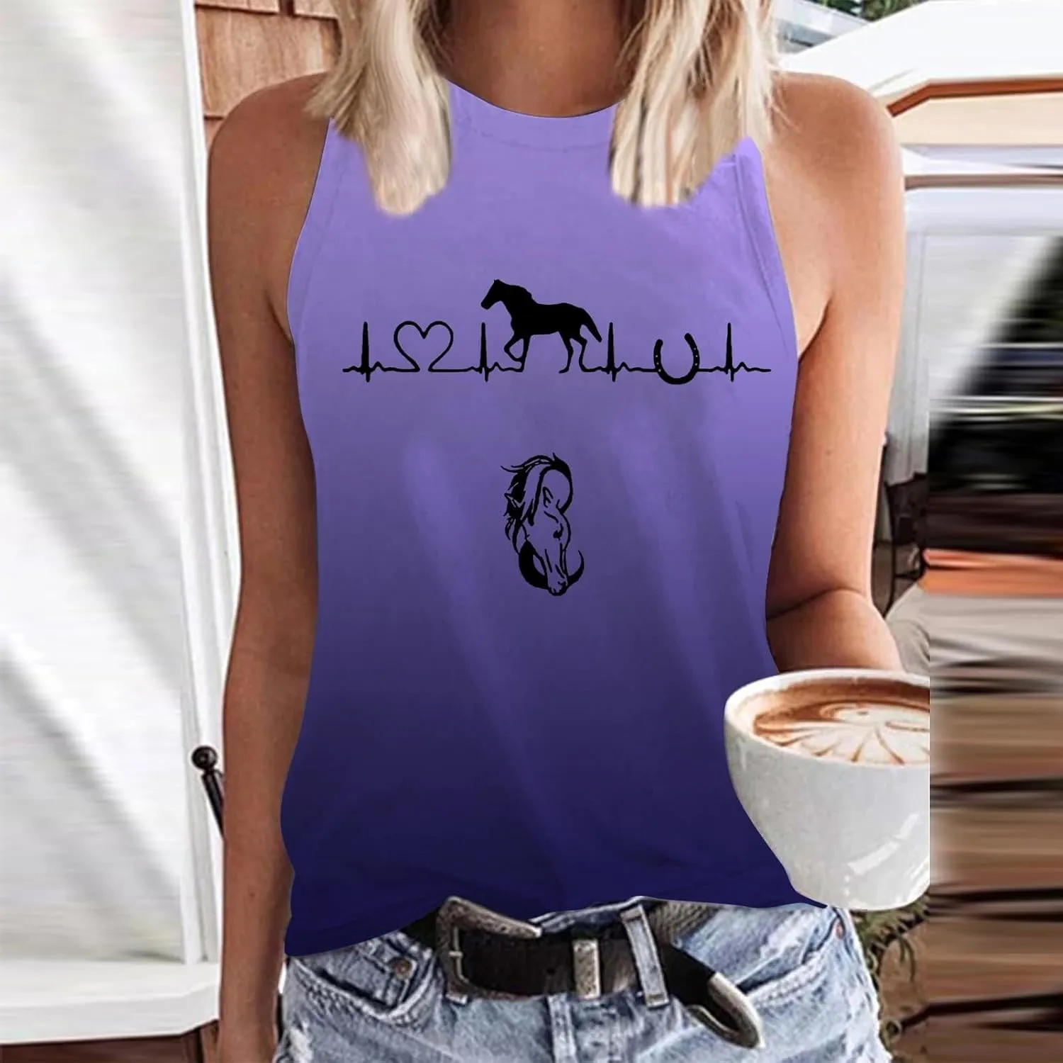 Womens Tank Tops Funny Horse Graphic Tees Summer Casual Loose Fit Crew Neck Sleeveless Shirt