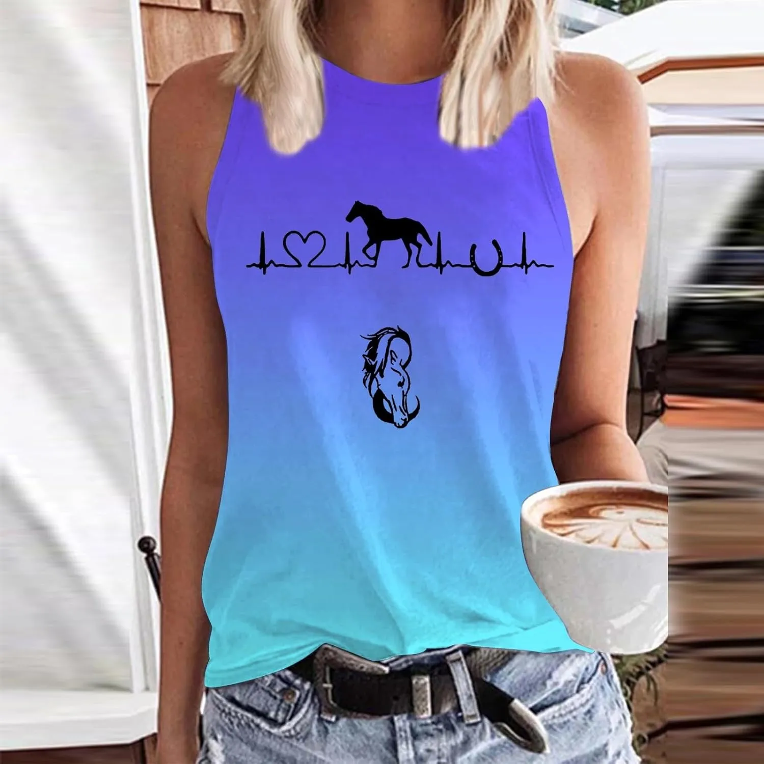 Womens Tank Tops Funny Horse Graphic Tees Summer Casual Loose Fit Crew Neck Sleeveless Shirt