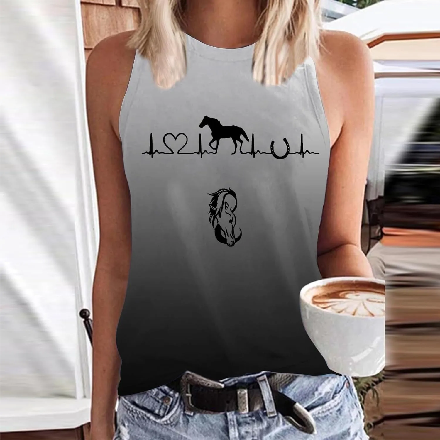 Womens Tank Tops Funny Horse Graphic Tees Summer Casual Loose Fit Crew Neck Sleeveless Shirt