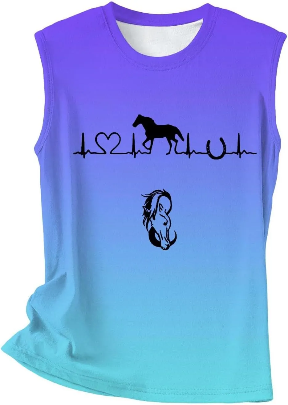 Womens Tank Tops Funny Horse Graphic Tees Summer Casual Loose Fit Crew Neck Sleeveless Shirt
