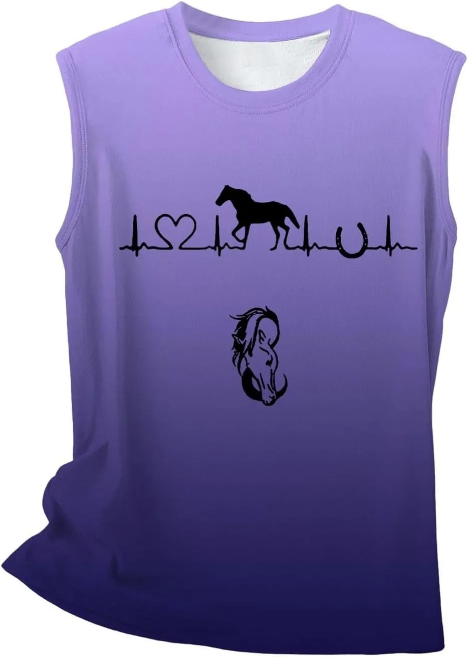 Womens Tank Tops Funny Horse Graphic Tees Summer Casual Loose Fit Crew Neck Sleeveless Shirt
