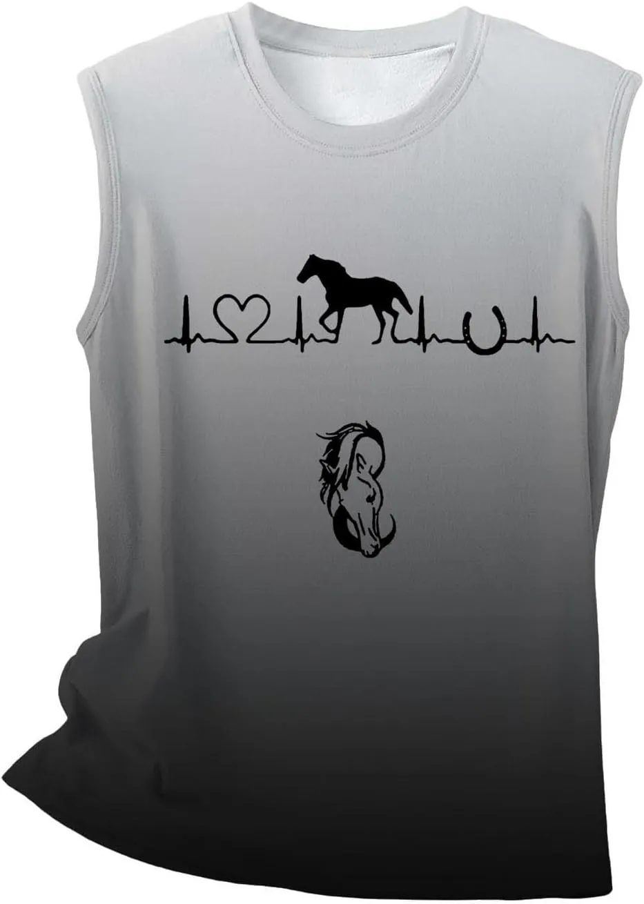 Womens Tank Tops Funny Horse Graphic Tees Summer Casual Loose Fit Crew Neck Sleeveless Shirt