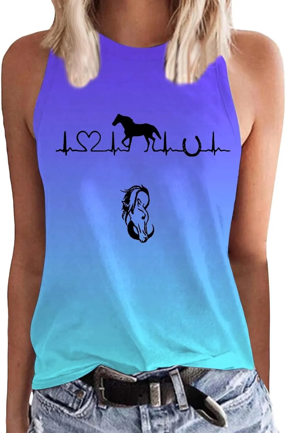 Womens Tank Tops Funny Horse Graphic Tees Summer Casual Loose Fit Crew Neck Sleeveless Shirt