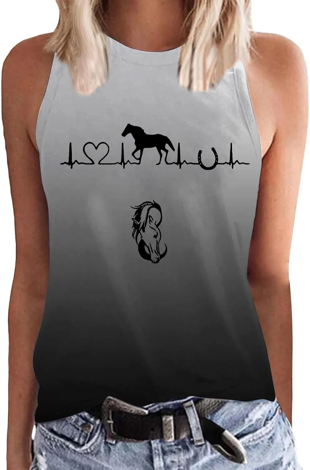 Womens Tank Tops Funny Horse Graphic Tees Summer Casual Loose Fit Crew Neck Sleeveless Shirt