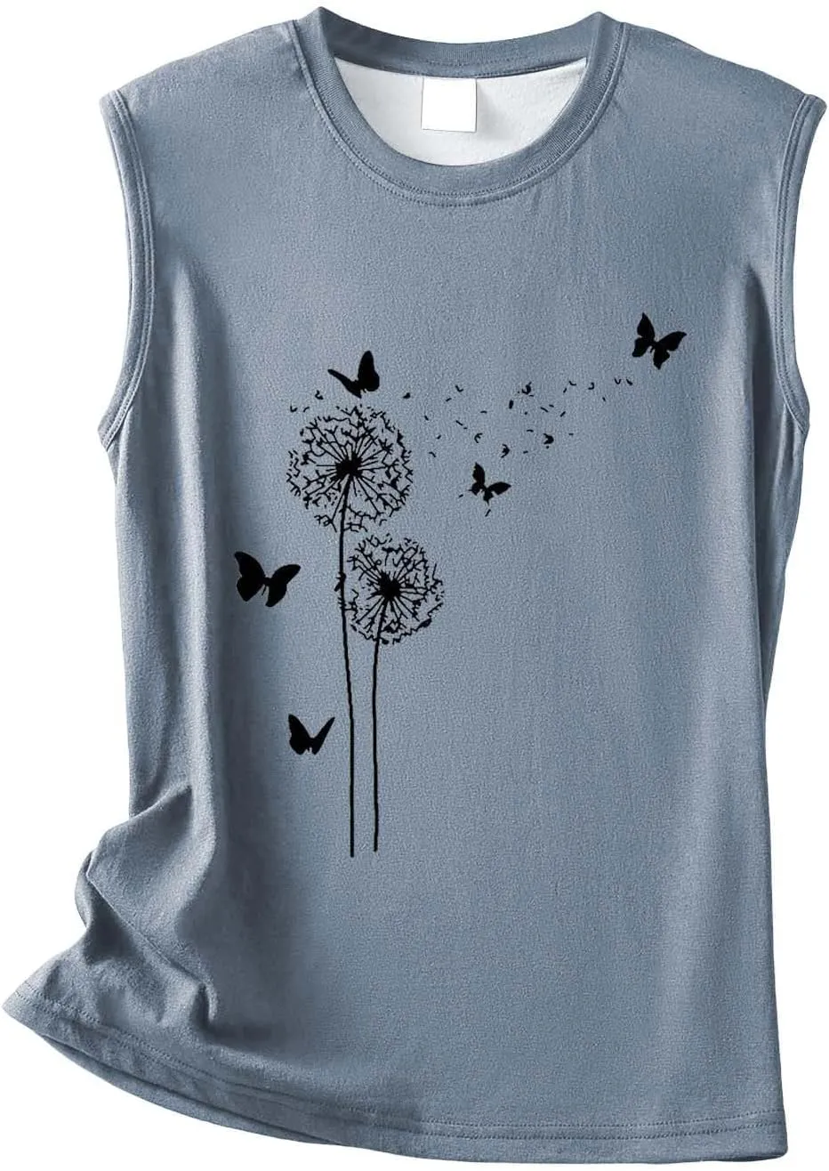 Women's Tank Tops Round Neck Sleeveless Dandelion Butterfly Graphic Tees Casual Loose Fit Summer Shirt 2025