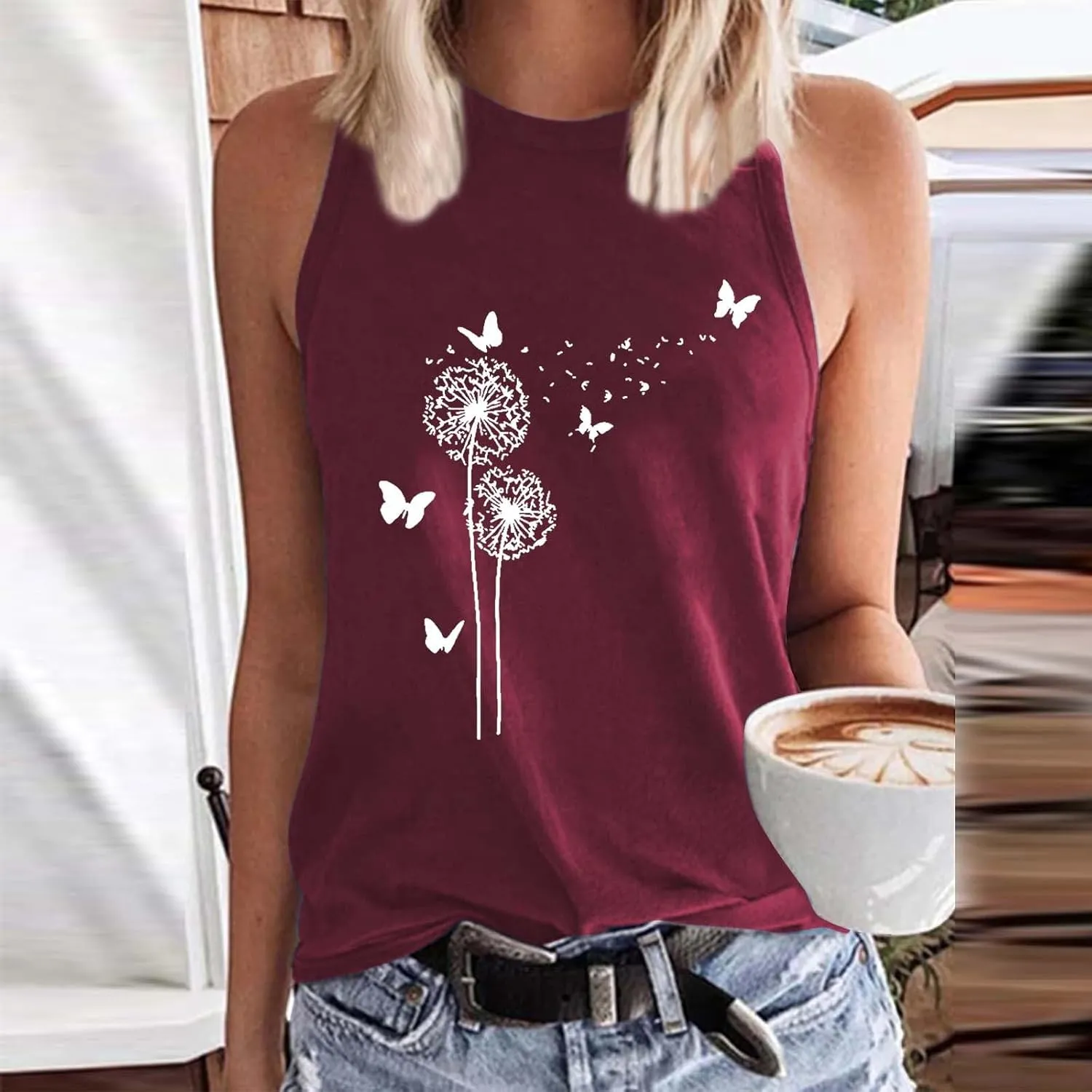 Women's Tank Tops Round Neck Sleeveless Dandelion Butterfly Graphic Tees Casual Loose Fit Summer Shirt 2025